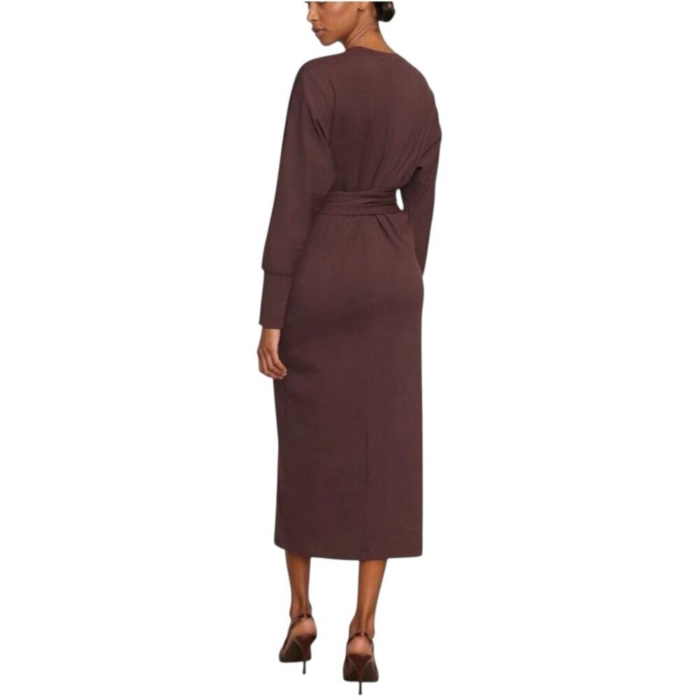 Modern Citizen Wei Tie Front Organic Cotton Brown Long Sleeve Midi Dress MEDIUM - Picture 2 of 8